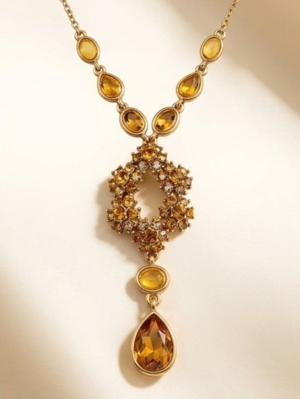 Vintage AJ Favre Amber Topaz Rhinestone Y Drop Statement Necklace Gold Tone